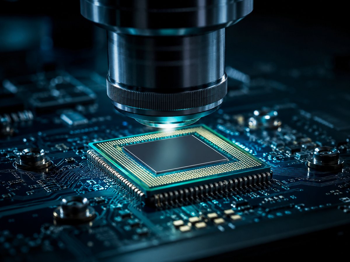 Objetiva de microscópio posicionada sobre um circuito integrado com o die exposto, durante inspeção óptica de placa