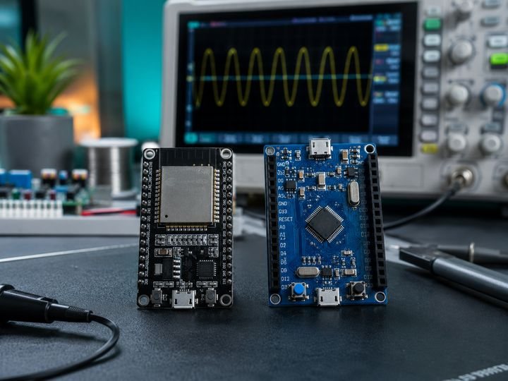 ESP32 e STM32 lado a lado em bancada