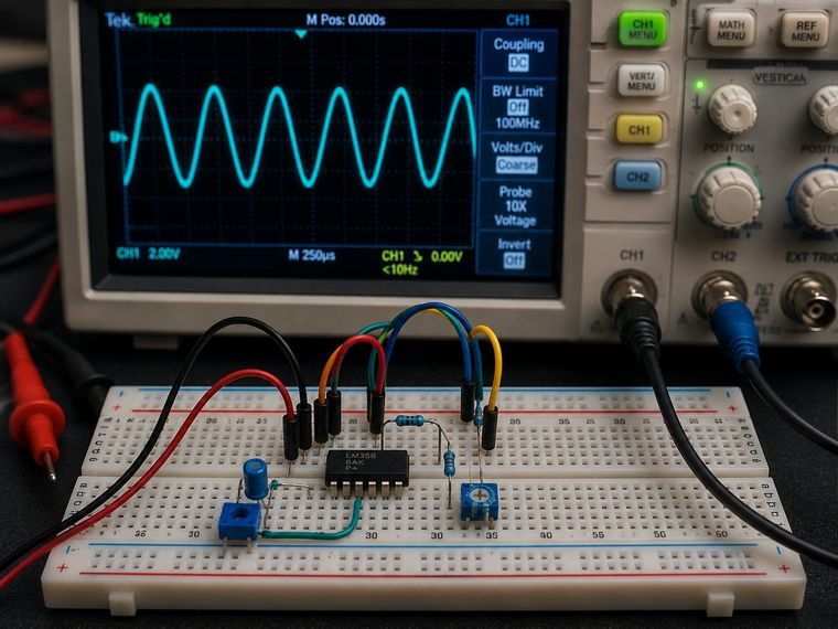 Amp-op em protoboard com osciloscópio